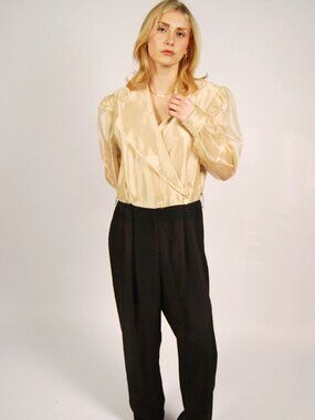 80s One Piece Pant Suit (12) black tan vintage womens trousers collared top glam